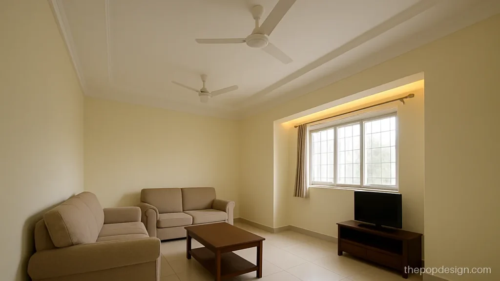 Low cost simple POP design for hall with a slim border and two fans