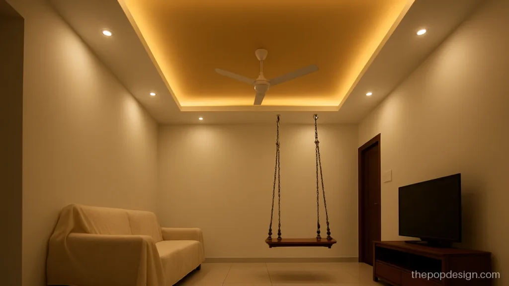 Main hall low cost simple POP design with single step and one accent colour