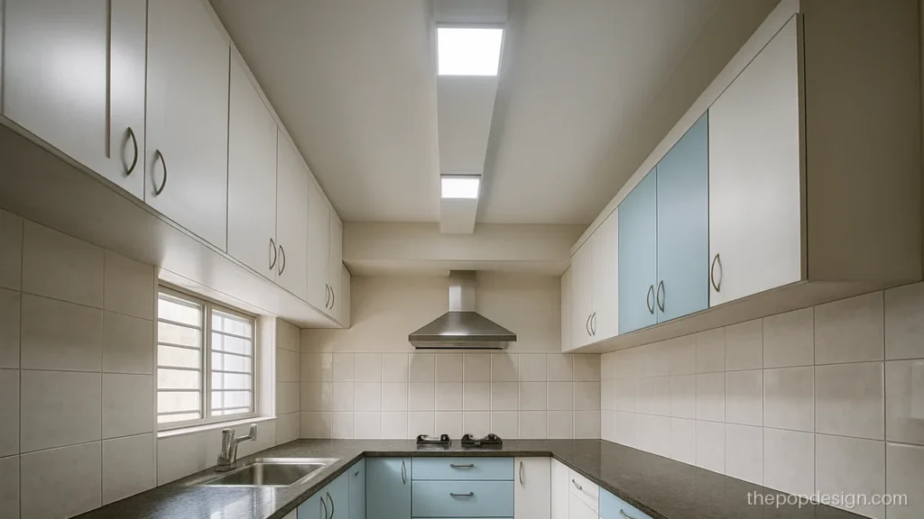 Kitchen low cost simple POP design with a flat band and two panel lights