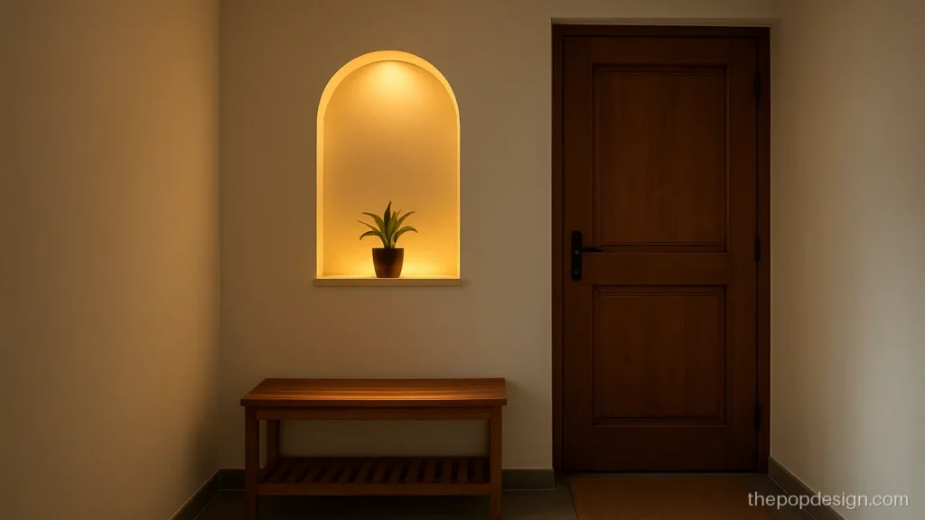 Simple low cost POP wall design with a shallow arch niche near the entry
