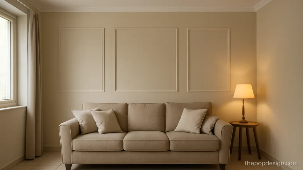 Low cost simple POP wall design with frame moulding behind the sofa