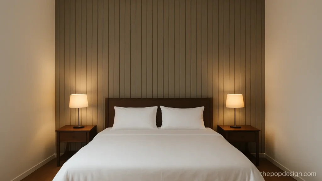 Low cost POP wall design for bedroom with vertical grooves behind the bed