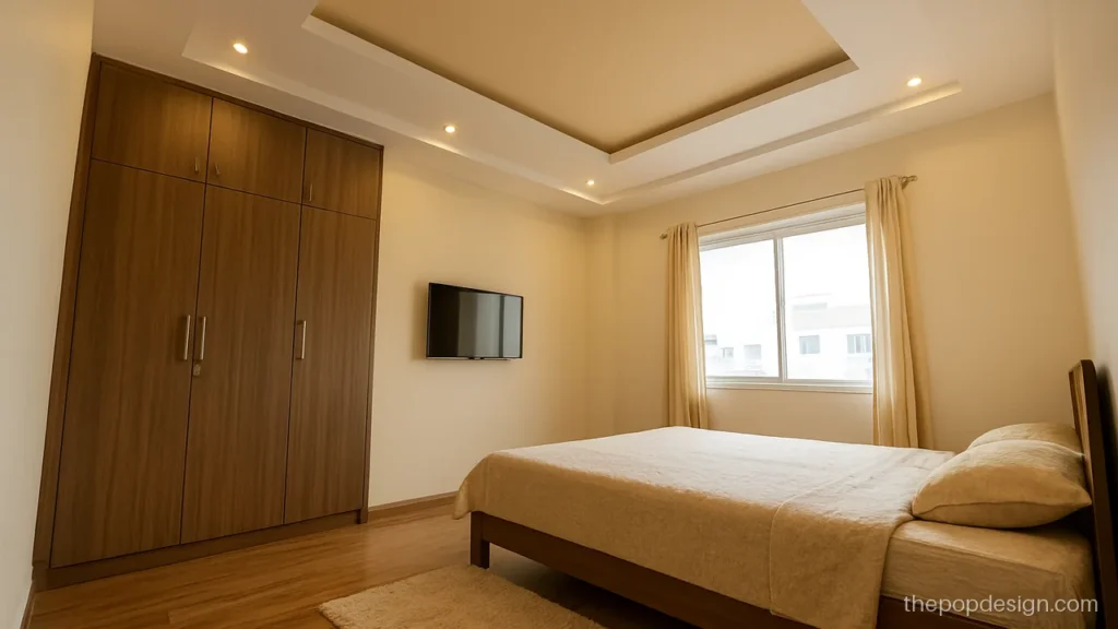 Simple pop false ceiling design for bedroom with a beige recess and spots