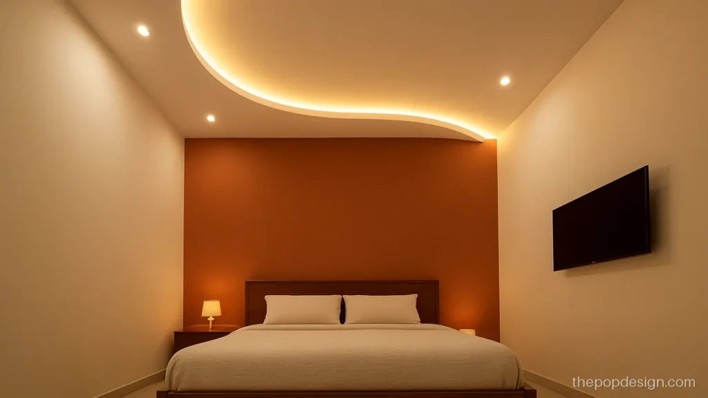 Bedroom pop false ceiling with a curved band above the headboard