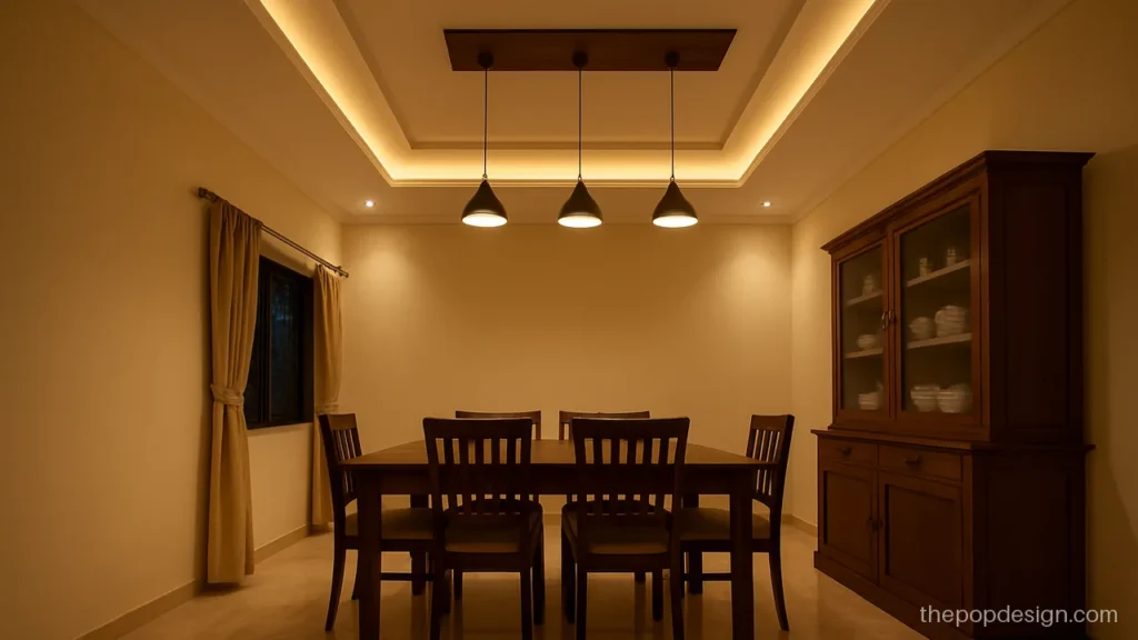 Fall ceiling POP design with cove and a wood finish strip across the centre
