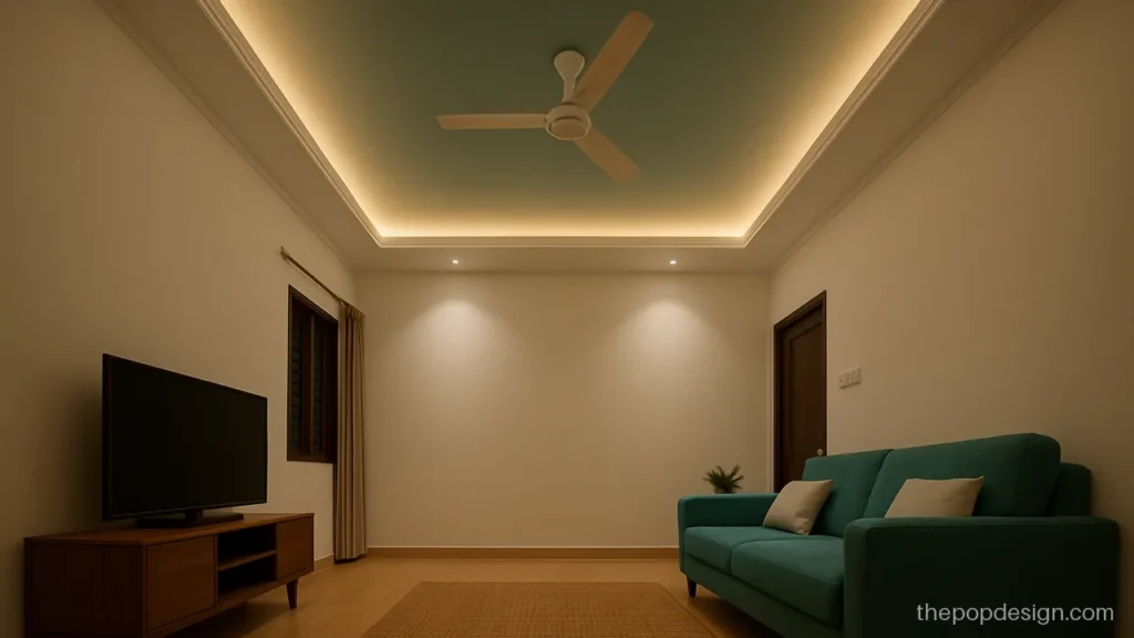 Down ceiling POP design with a deep cove and a teal recessed centre