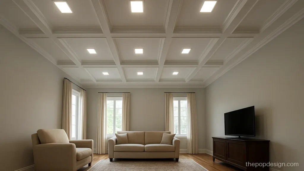 Full false ceiling POP design with a shallow coffer grid in white