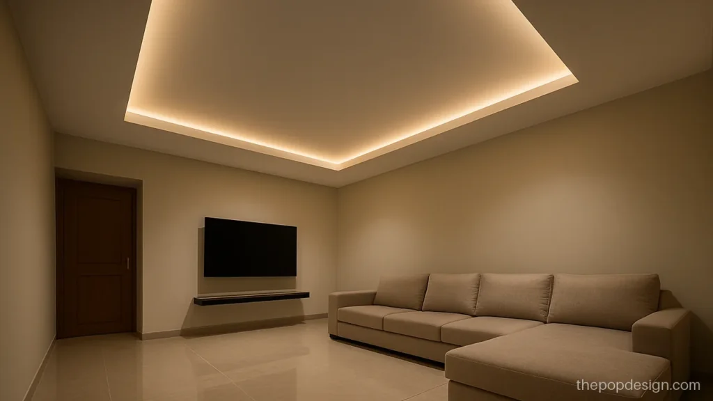 Modern POP false ceiling design with two levels and a soft grey lower band