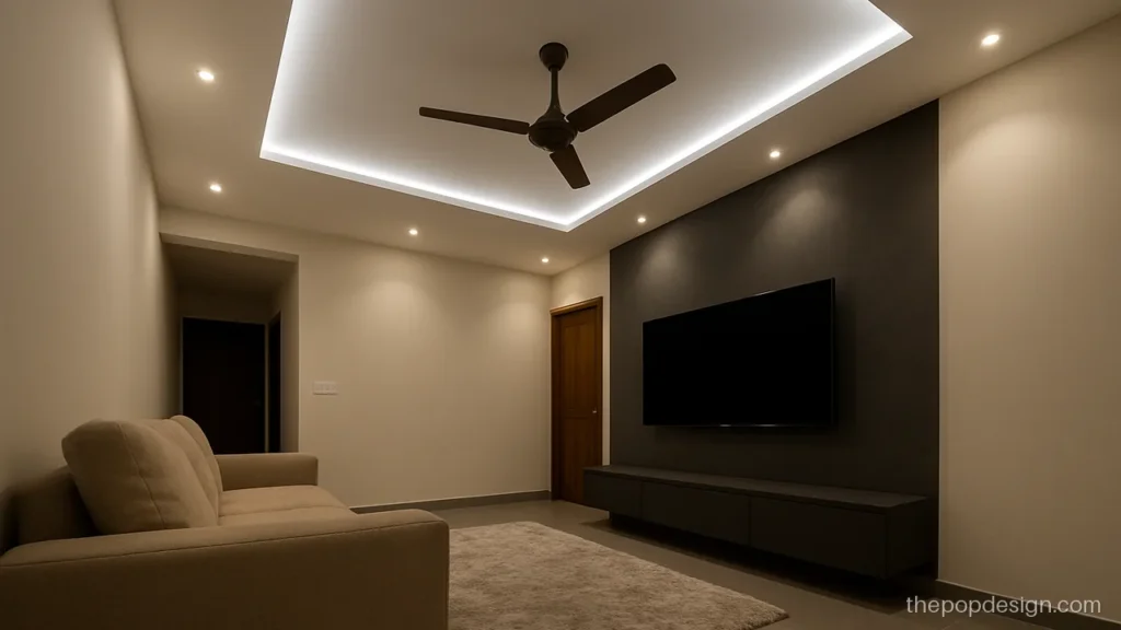 Modern POP false ceiling design for hall with an offset L and profile light
