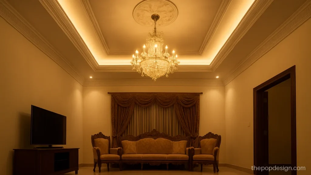 POP royal modern main hall fall ceiling design with moulding and a centre jhumar