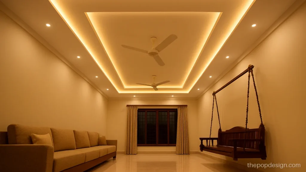 POP false ceiling design for hall with two fans inside a long rectangle