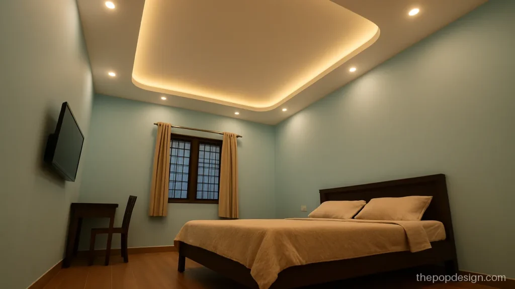 Peripheral false ceiling with rounded inner corners and spot lights