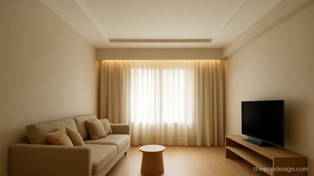 Peripheral POP down ceiling design wider on the window side for curtains