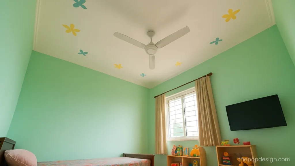 Butterfly pop ceiling design with flowers in the corners of a kids room
