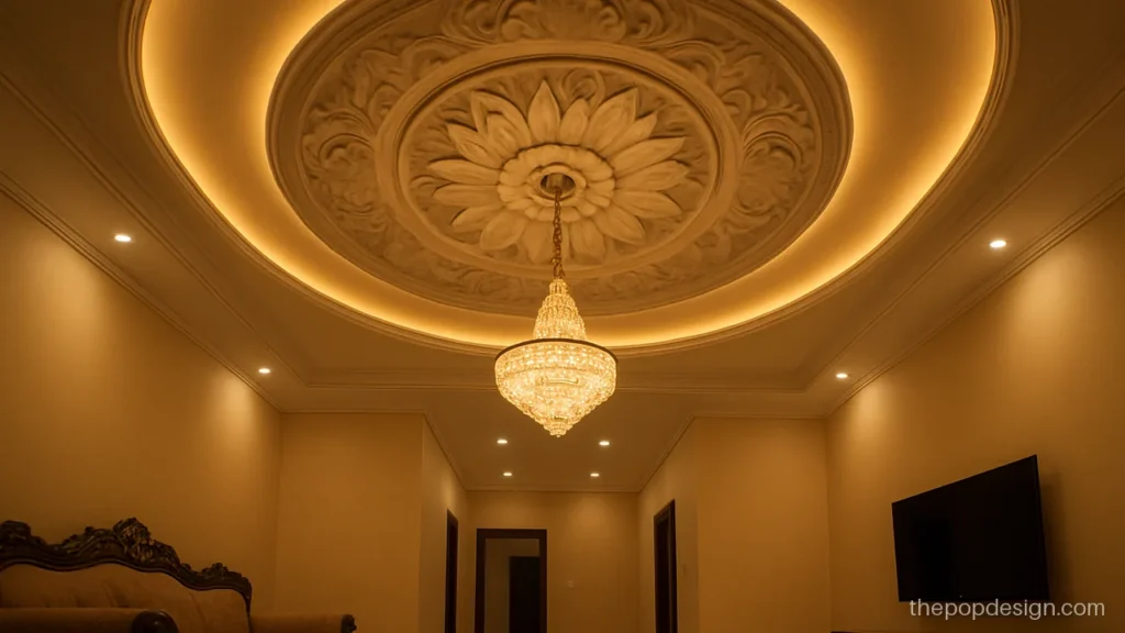 Pop carving design centrepiece with deep relief petals in a main hall
