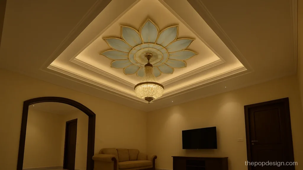 Colour lotus flower pop design with pale blue and thin gold edges