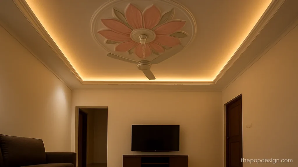 Hall ceiling pop flower design colour in soft pink and leaf green