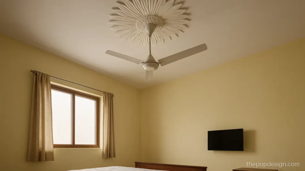 Handmade pop design for roof with a sunflower medallion in a bedroom