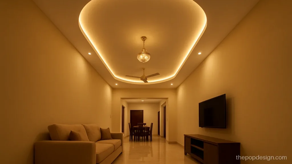 Ceiling pop design for hall with oval tray jhumar and side fans