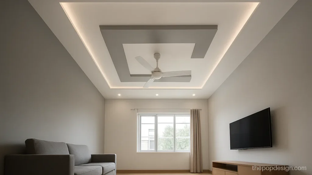 Plus minus pop design in hall with offset grey and white boxes