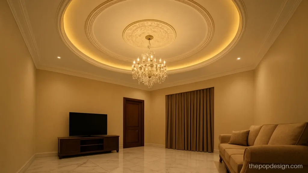 Hall pop ceiling design with round medallion and crystal jhumar