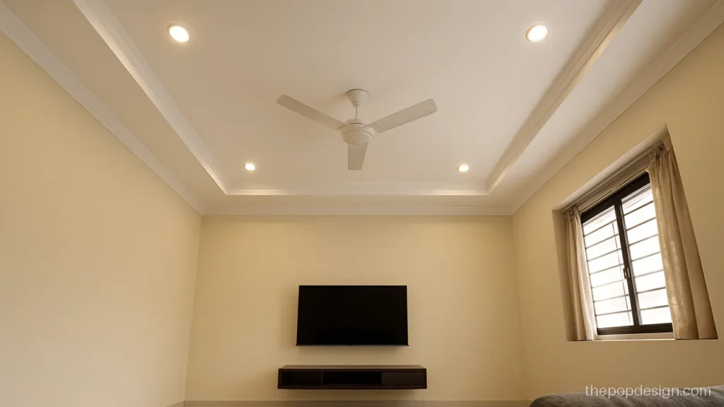 Simple hall POP design with a single step border and one centre fan
