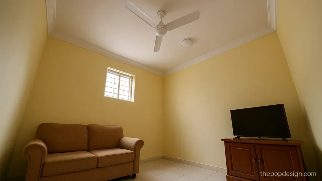 Small room pop design with corner beading and a flat ceiling