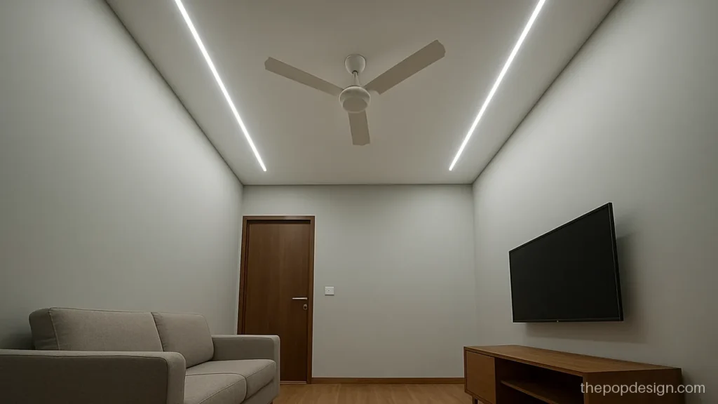 Pop room design with slim profile light lines on a flat ceiling