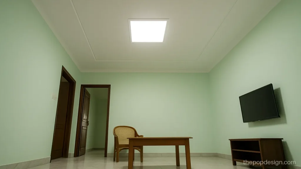 Hall pop design with thin groove lines forming a large rectangle on the ceiling