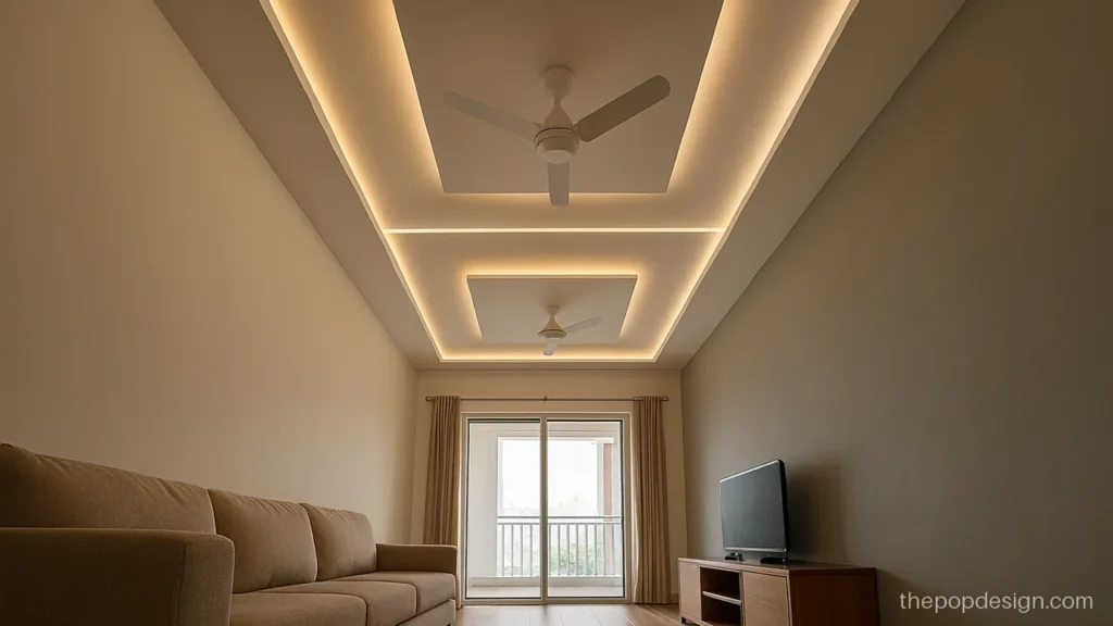 Hall POP ceiling design with two square recesses and two white fans