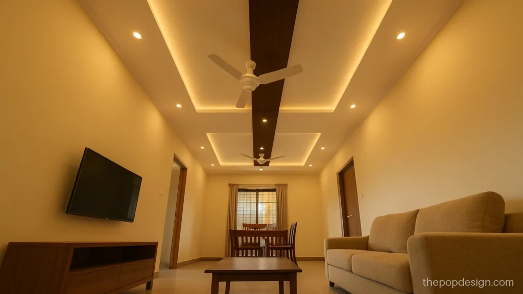 POP hall design with a wood strip dividing two fan zones