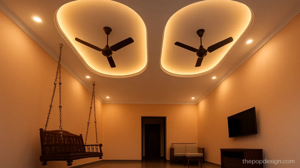 Pop design in hall with two oval cut-outs and brown ceiling fans