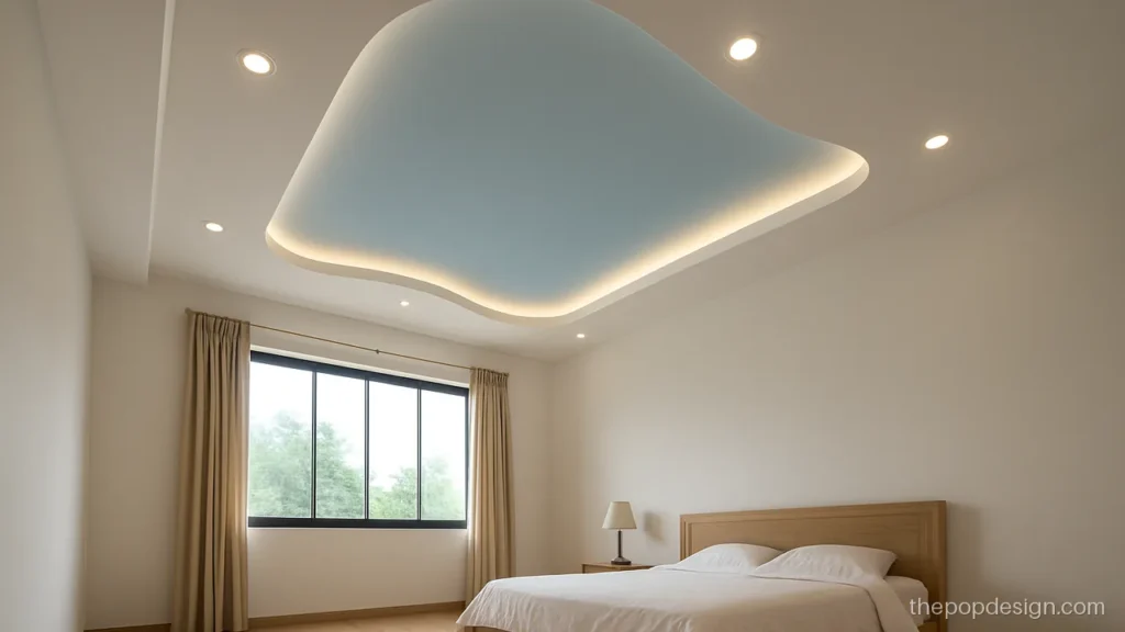 Curved POP ceiling with a wave edge and pale blue recess in a bedroom