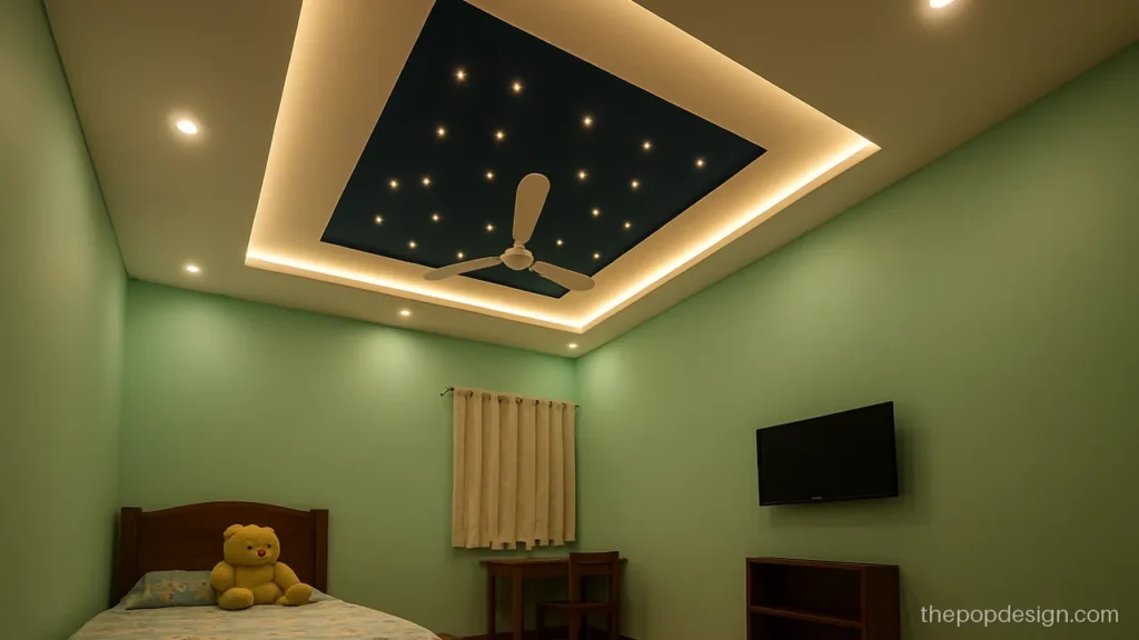 Kids bedroom POP design with a square recess and small scattered spot lights