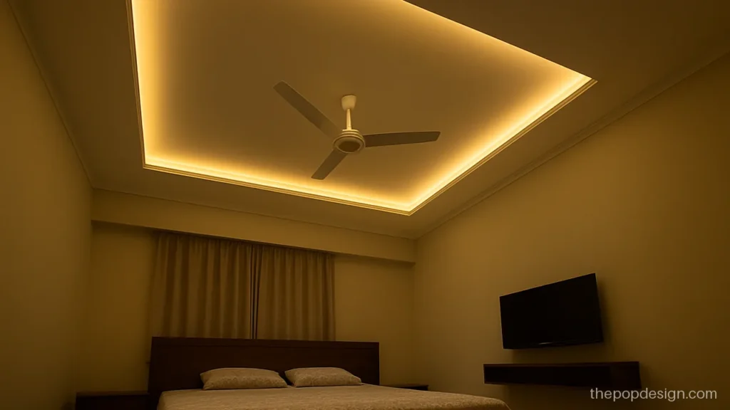 Bedroom POP design with a single step frame and warm hidden light over the bed