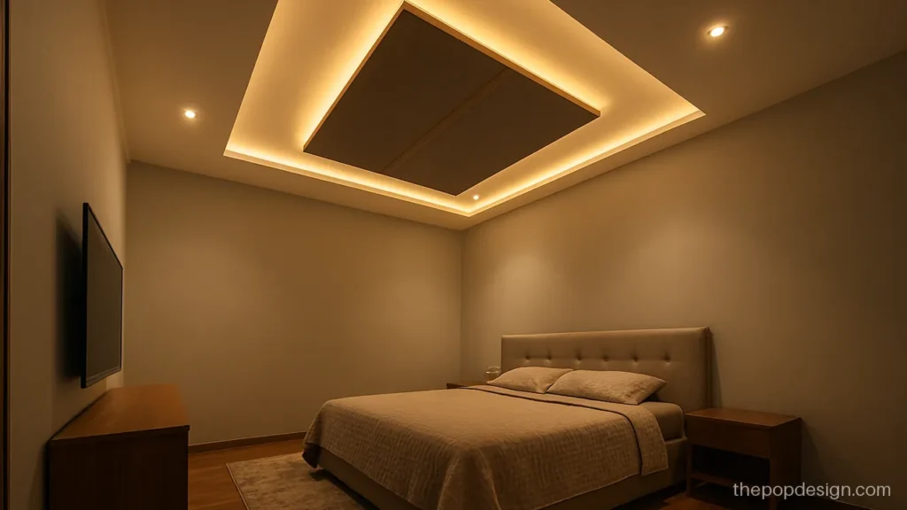 Bedroom ceiling with a grey POP panel and wooden strip over the headboard