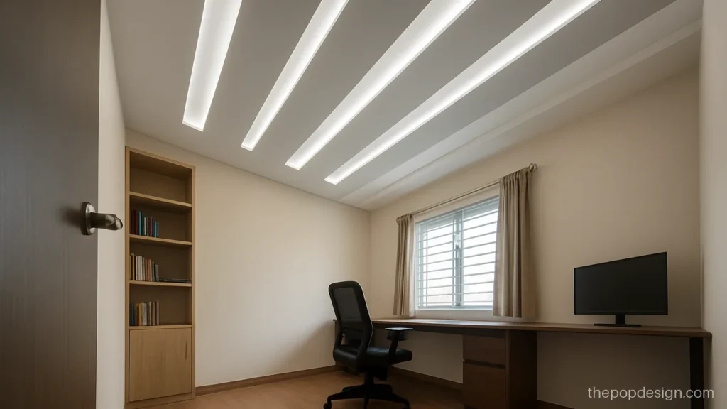 Grey and white striped POP ceiling in a home office corner