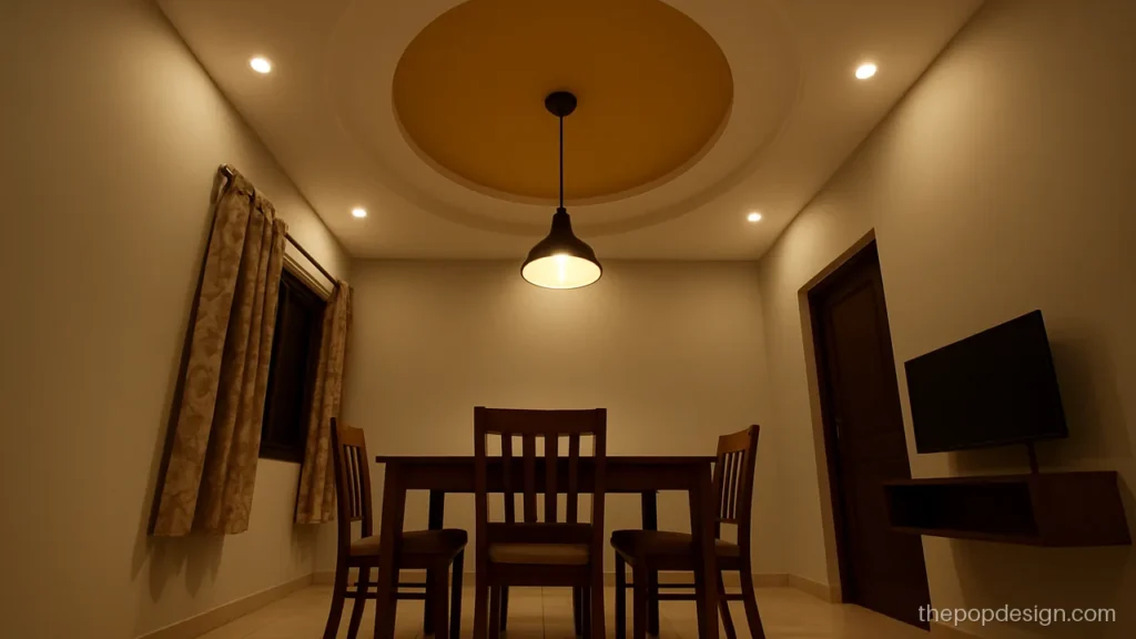 Mustard yellow circle in a white POP ceiling over a dining table