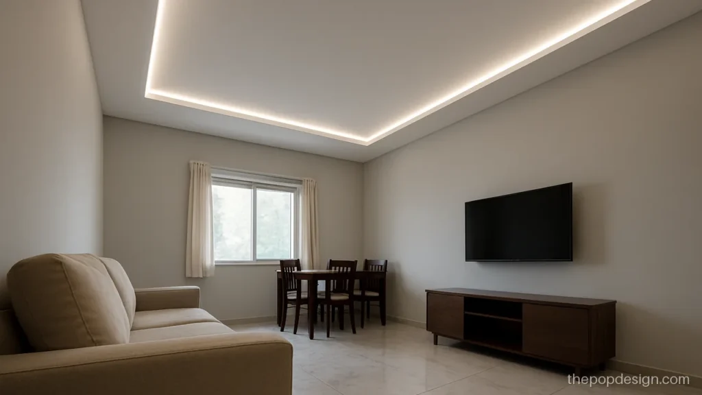 L type POP design in a hall with a thin border and profile light lines