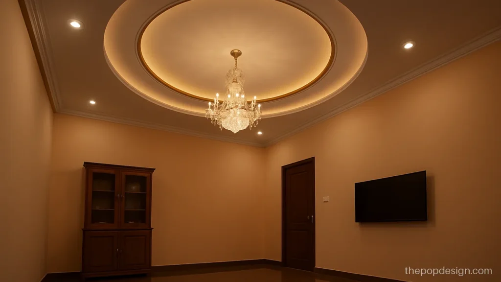 Round POP ceiling in a hall with a recessed circle and a crystal jhumar
