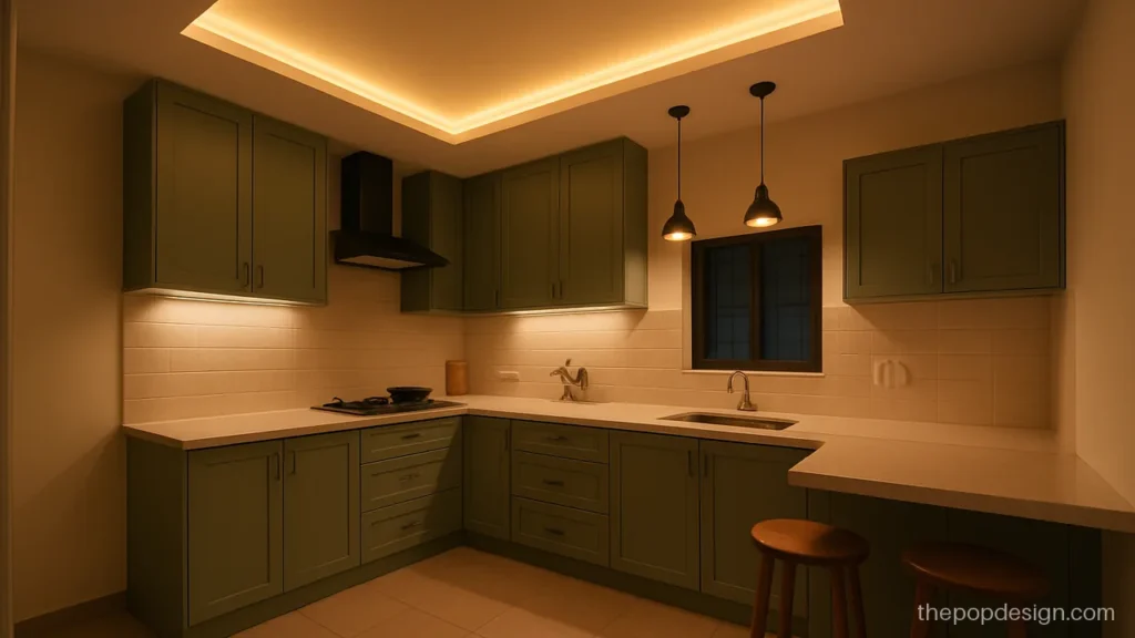 Kitchen POP ceiling with a raised rectangle and cove strip over the platform