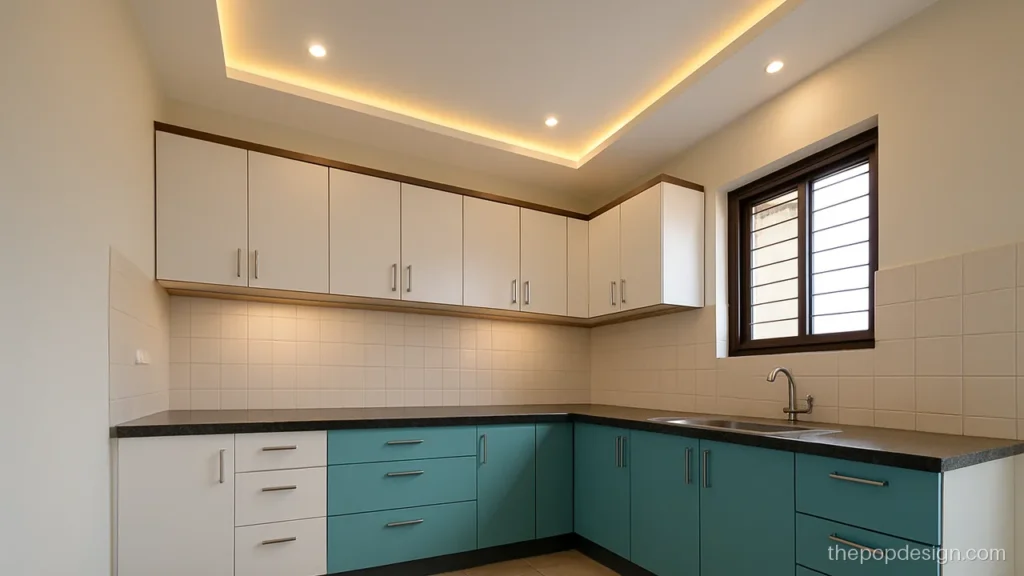L shaped POP border with a wood look strip in a modular kitchen