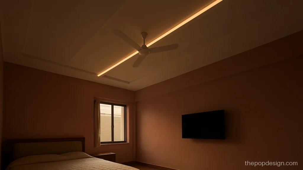 Plus minus POP ceiling with diagonal strips running across a bedroom