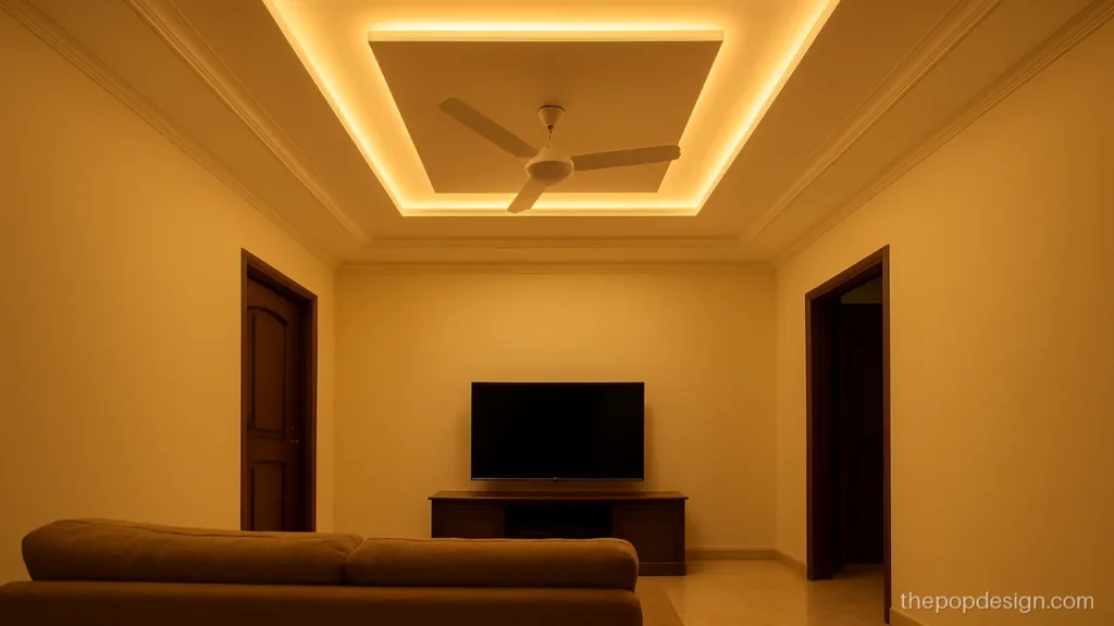 Plus minus POP design with offset raised and recessed boxes in a hall