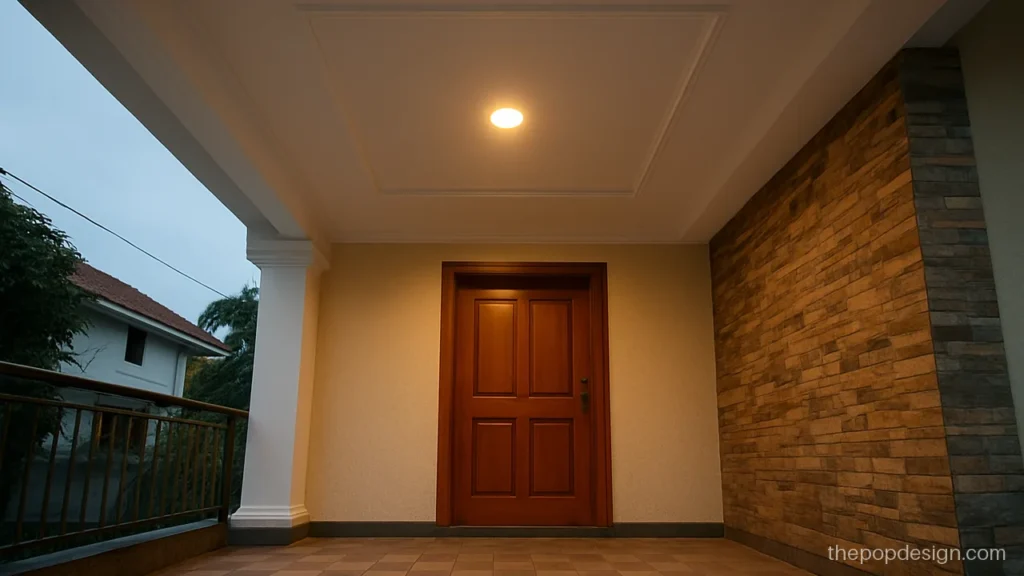 Porch POP design with a square recess and entry light outside a house