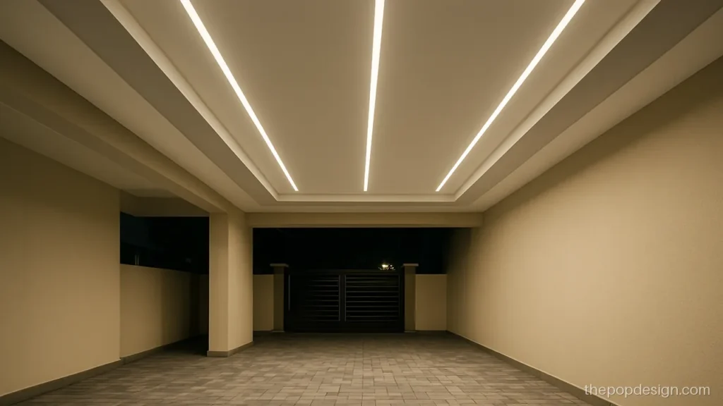 Car parking POP ceiling with long parallel strips and tube lights