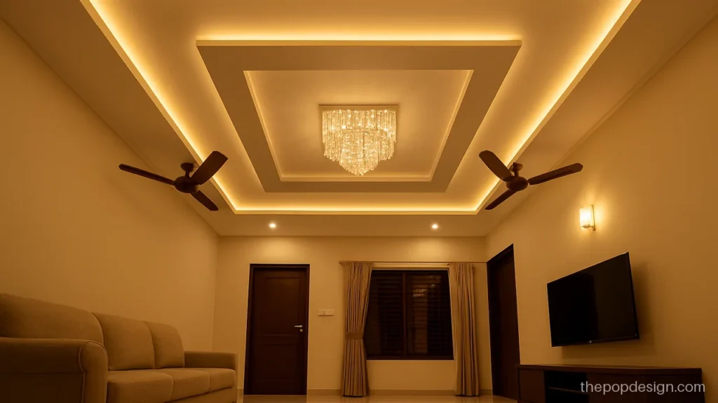 POP ceiling with 2 fans and 1 jhumar in the middle of a hall