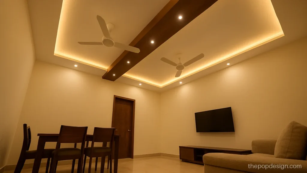 Two rectangle POP design for 2 fans with a wooden strip between them
