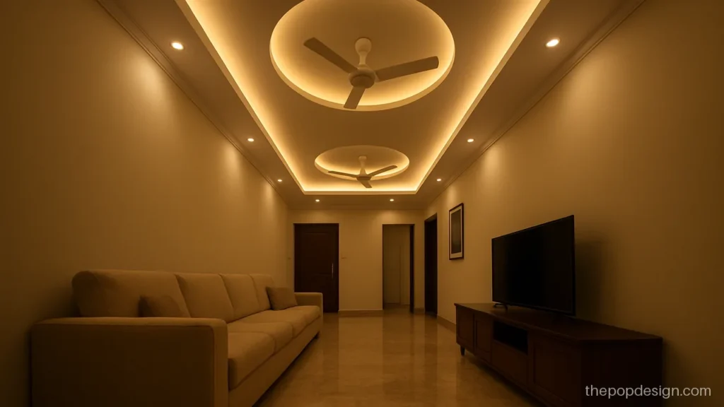 2 fan POP design with two recessed circles in a long hall
