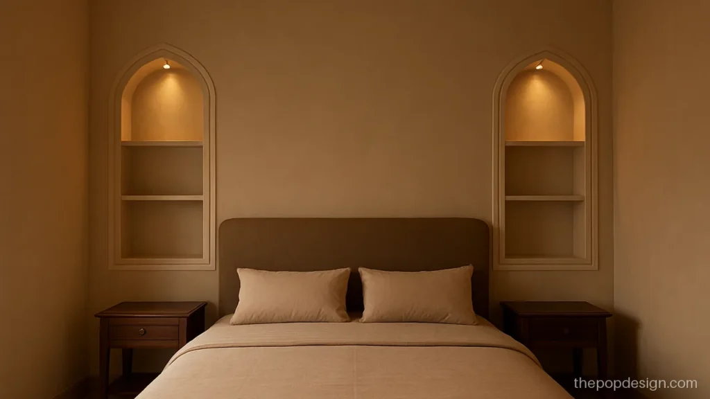Two arched POP niches on a bedroom wall with warm lights inside